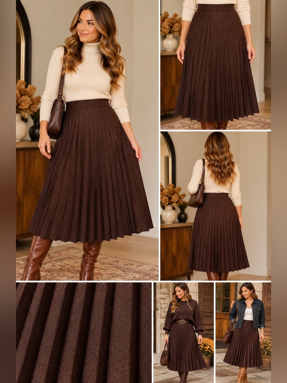 Vintage Talbott Brown Pleated Midi Skirt Size 12 1970s